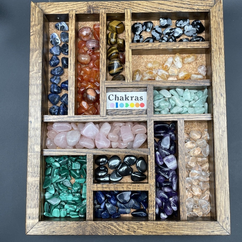 Chakra Crystal Stone Set Tumbled‎ Healing Stones Wood Display Tray Lot